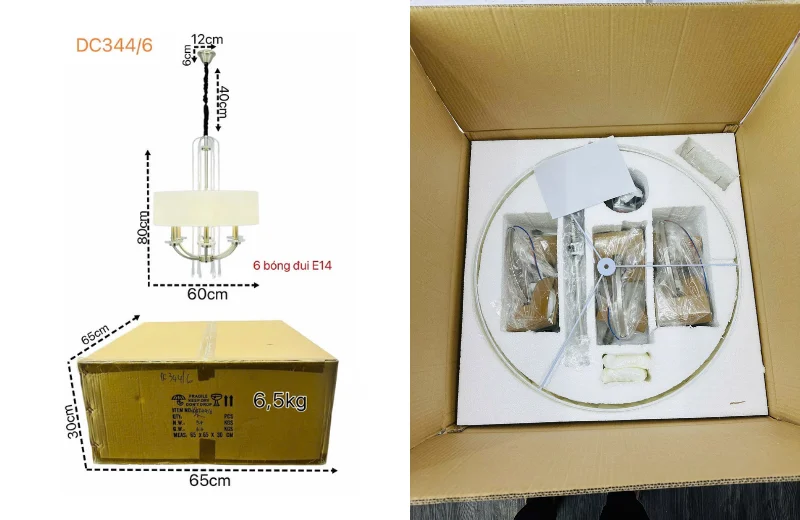 Kích thước và đóng thùng Đèn Chùm DC344T6